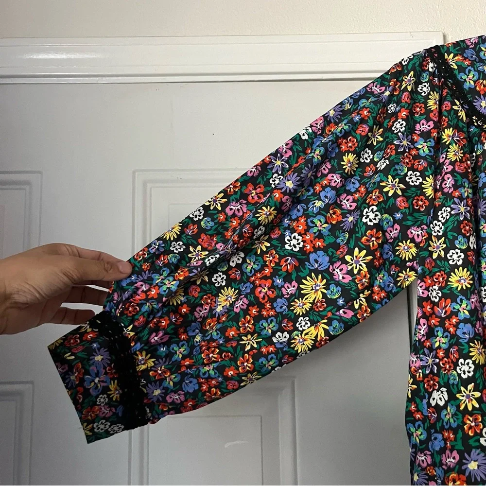 JOHNNY WAS‎ black multicolor cotton floral lace trim puff long sleeve blouse